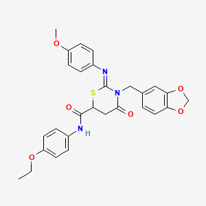 molecular formula C28H27N3O6S B11686439 (2Z)-3-(1,3-benzodioxol-5-ylmethyl)-N-(4-ethoxyphenyl)-2-[(4-methoxyphenyl)imino]-4-oxo-1,3-thiazinane-6-carboxamide 