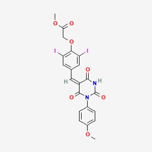 molecular formula C21H16I2N2O7 B11686508 methyl (2,6-diiodo-4-{(E)-[1-(4-methoxyphenyl)-2,4,6-trioxotetrahydropyrimidin-5(2H)-ylidene]methyl}phenoxy)acetate 