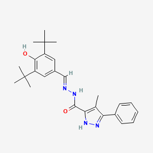 molecular formula C26H32N4O2 B11686518 N'-[(E)-(3,5-ditert-butyl-4-hydroxyphenyl)methylidene]-4-methyl-3-phenyl-1H-pyrazole-5-carbohydrazide 