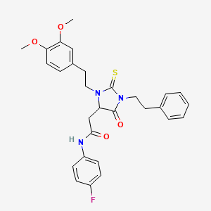 2-[3-[2-(3,4-dimethoxyphenyl)ethyl]-5-oxo-1-(2-phenylethyl)-2-thioxoimidazolidin-4-yl]-N-(4-fluorophenyl)acetamide