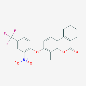 molecular formula C21H16F3NO5 B11686908 4-methyl-3-[2-nitro-4-(trifluoromethyl)phenoxy]-7,8,9,10-tetrahydro-6H-benzo[c]chromen-6-one 