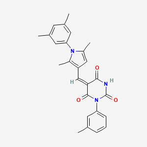 molecular formula C26H25N3O3 B11686979 (5E)-5-{[1-(3,5-dimethylphenyl)-2,5-dimethyl-1H-pyrrol-3-yl]methylidene}-1-(3-methylphenyl)pyrimidine-2,4,6(1H,3H,5H)-trione 