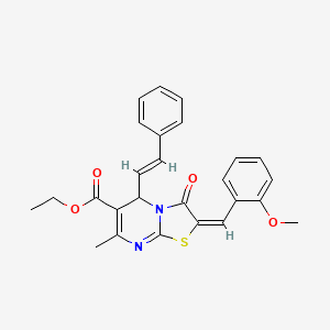 molecular formula C26H24N2O4S B11687115 ethyl (2E)-2-(2-methoxybenzylidene)-7-methyl-3-oxo-5-[(E)-2-phenylethenyl]-2,3-dihydro-5H-[1,3]thiazolo[3,2-a]pyrimidine-6-carboxylate 