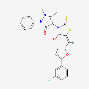 molecular formula C25H18ClN3O3S2 B11687219 (5E)-5-{[5-(3-chlorophenyl)furan-2-yl]methylidene}-3-(1,5-dimethyl-3-oxo-2-phenyl-2,3-dihydro-1H-pyrazol-4-yl)-2-thioxo-1,3-thiazolidin-4-one 