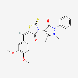 molecular formula C23H21N3O4S2 B11687654 (5E)-5-(3,4-Dimethoxybenzylidene)-3-(1,5-dimethyl-3-oxo-2-phenyl-2,3-dihydro-1H-pyrazol-4-YL)-2-thioxo-1,3-thiazolidin-4-one 