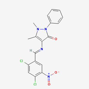 molecular formula C18H14Cl2N4O3 B11687700 4-{[(E)-(2,4-dichloro-5-nitrophenyl)methylidene]amino}-1,5-dimethyl-2-phenyl-1,2-dihydro-3H-pyrazol-3-one 