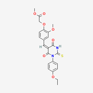 molecular formula C23H22N2O7S B11687713 methyl (4-{(E)-[1-(4-ethoxyphenyl)-4,6-dioxo-2-thioxotetrahydropyrimidin-5(2H)-ylidene]methyl}-2-methoxyphenoxy)acetate 