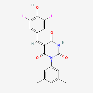 molecular formula C19H14I2N2O4 B11687764 (5E)-1-(3,5-dimethylphenyl)-5-(4-hydroxy-3,5-diiodobenzylidene)pyrimidine-2,4,6(1H,3H,5H)-trione 