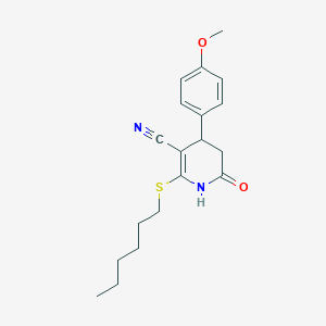 molecular formula C19H24N2O2S B11687860 2-(Hexylsulfanyl)-4-(4-methoxyphenyl)-6-oxo-1,4,5,6-tetrahydropyridine-3-carbonitrile 