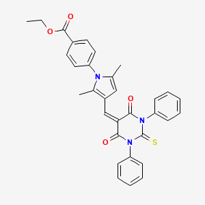 molecular formula C32H27N3O4S B11688222 ethyl 4-{3-[(4,6-dioxo-1,3-diphenyl-2-thioxotetrahydropyrimidin-5(2H)-ylidene)methyl]-2,5-dimethyl-1H-pyrrol-1-yl}benzoate 