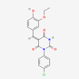 molecular formula C19H15ClN2O5 B11688238 (5E)-1-(4-chlorophenyl)-5-[(3-ethoxy-4-hydroxyphenyl)methylidene]-1,3-diazinane-2,4,6-trione 