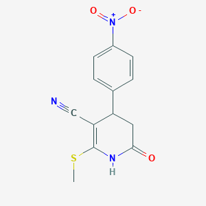 molecular formula C13H11N3O3S B11688254 2-(Methylthio)-4-(4-nitrophenyl)-6-oxo-1,4,5,6-tetrahydropyridine-3-carbonitrile 