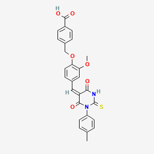 molecular formula C27H22N2O6S B11688294 4-[(2-methoxy-4-{(E)-[1-(4-methylphenyl)-4,6-dioxo-2-thioxotetrahydropyrimidin-5(2H)-ylidene]methyl}phenoxy)methyl]benzoic acid 