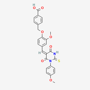 molecular formula C27H22N2O7S B11688310 4-[(2-methoxy-4-{(E)-[1-(4-methoxyphenyl)-4,6-dioxo-2-thioxotetrahydropyrimidin-5(2H)-ylidene]methyl}phenoxy)methyl]benzoic acid 