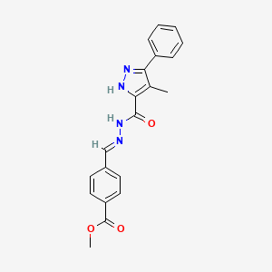 molecular formula C20H18N4O3 B11688576 methyl 4-((E)-{[(4-methyl-3-phenyl-1H-pyrazol-5-yl)carbonyl]hydrazono}methyl)benzoate 