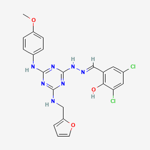 molecular formula C22H19Cl2N7O3 B11688803 2,4-dichloro-6-[(E)-(2-{4-[(furan-2-ylmethyl)amino]-6-[(4-methoxyphenyl)amino]-1,3,5-triazin-2-yl}hydrazinylidene)methyl]phenol 