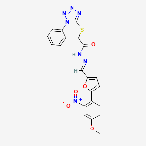 molecular formula C21H17N7O5S B11688811 N'-{(E)-[5-(4-methoxy-2-nitrophenyl)furan-2-yl]methylidene}-2-[(1-phenyl-1H-tetrazol-5-yl)sulfanyl]acetohydrazide 