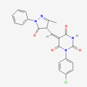 (5E)-1-(4-chlorophenyl)-5-[(3-methyl-5-oxo-1-phenyl-4,5-dihydro-1H-pyrazol-4-yl)methylidene]pyrimidine-2,4,6(1H,3H,5H)-trione