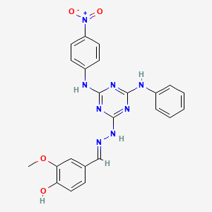 2-methoxy-4-[(E)-(2-{4-[(4-nitrophenyl)amino]-6-(phenylamino)-1,3,5-triazin-2-yl}hydrazinylidene)methyl]phenol