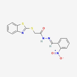 molecular formula C16H12N4O3S2 B11689682 2-(1,3-benzothiazol-2-ylsulfanyl)-N'-[(E)-(2-nitrophenyl)methylidene]acetohydrazide 