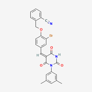 molecular formula C27H20BrN3O4 B11689884 2-[(2-bromo-4-{(E)-[1-(3,5-dimethylphenyl)-2,4,6-trioxotetrahydropyrimidin-5(2H)-ylidene]methyl}phenoxy)methyl]benzonitrile 