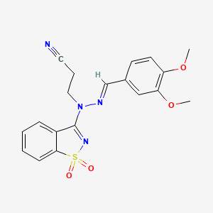 molecular formula C19H18N4O4S B11690596 3-[(2E)-2-(3,4-dimethoxybenzylidene)-1-(1,1-dioxido-1,2-benzothiazol-3-yl)hydrazinyl]propanenitrile 