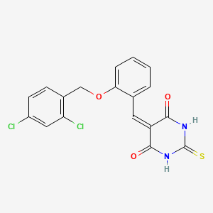 molecular formula C18H12Cl2N2O3S B11690762 5-{2-[(2,4-dichlorobenzyl)oxy]benzylidene}-2-thioxodihydropyrimidine-4,6(1H,5H)-dione 