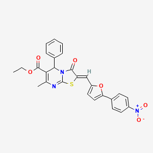 molecular formula C27H21N3O6S B11691163 ethyl (2Z)-7-methyl-2-{[5-(4-nitrophenyl)furan-2-yl]methylidene}-3-oxo-5-phenyl-2,3-dihydro-5H-[1,3]thiazolo[3,2-a]pyrimidine-6-carboxylate 