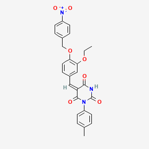 molecular formula C27H23N3O7 B11691166 (5E)-5-{3-ethoxy-4-[(4-nitrobenzyl)oxy]benzylidene}-1-(4-methylphenyl)pyrimidine-2,4,6(1H,3H,5H)-trione 