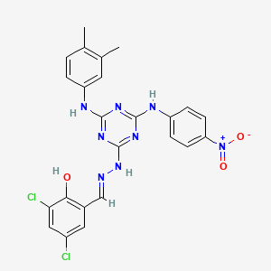 2,4-dichloro-6-[(E)-(2-{4-[(3,4-dimethylphenyl)amino]-6-[(4-nitrophenyl)amino]-1,3,5-triazin-2-yl}hydrazinylidene)methyl]phenol