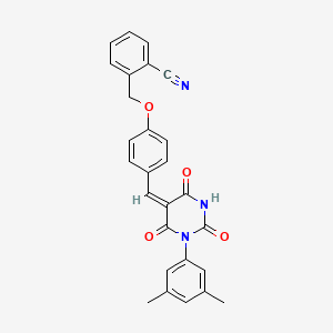 molecular formula C27H21N3O4 B11691291 2-[(4-{(E)-[1-(3,5-dimethylphenyl)-2,4,6-trioxotetrahydropyrimidin-5(2H)-ylidene]methyl}phenoxy)methyl]benzonitrile 