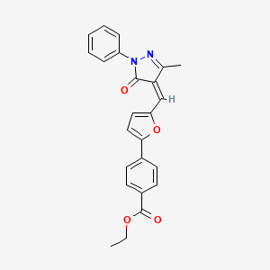 molecular formula C24H20N2O4 B11691993 ethyl 4-{5-[(Z)-(3-methyl-5-oxo-1-phenyl-1,5-dihydro-4H-pyrazol-4-ylidene)methyl]furan-2-yl}benzoate 