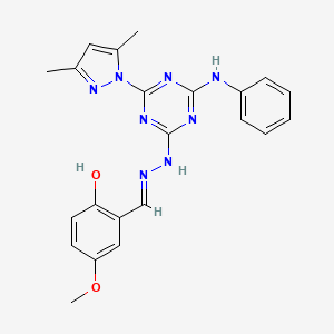 molecular formula C22H22N8O2 B11692098 2-[(E)-{2-[4-(3,5-dimethyl-1H-pyrazol-1-yl)-6-(phenylamino)-1,3,5-triazin-2-yl]hydrazinylidene}methyl]-4-methoxyphenol 