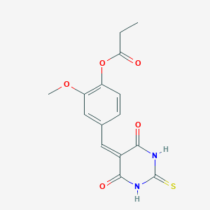 molecular formula C15H14N2O5S B11692170 4-[(4,6-dioxo-2-thioxotetrahydropyrimidin-5(2H)-ylidene)methyl]-2-methoxyphenyl propanoate 