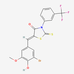 molecular formula C18H11BrF3NO3S2 B11692257 (5Z)-5-[(3-bromo-4-hydroxy-5-methoxyphenyl)methylidene]-2-sulfanylidene-3-[3-(trifluoromethyl)phenyl]-1,3-thiazolidin-4-one 