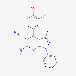 molecular formula C21H18N4O3 B11692323 6-Amino-4-(4-hydroxy-3-methoxyphenyl)-3-methyl-1-phenyl-1,4-dihydropyrano[2,3-c]pyrazole-5-carbonitrile 