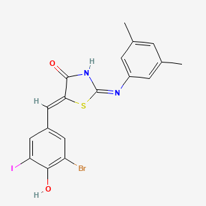 molecular formula C18H14BrIN2O2S B11692508 (2Z,5Z)-5-(3-bromo-4-hydroxy-5-iodobenzylidene)-2-[(3,5-dimethylphenyl)imino]-1,3-thiazolidin-4-one 