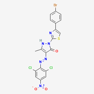 molecular formula C19H11BrCl2N6O3S B11692700 (4Z)-2-[4-(4-bromophenyl)-1,3-thiazol-2-yl]-4-[2-(2,6-dichloro-4-nitrophenyl)hydrazinylidene]-5-methyl-2,4-dihydro-3H-pyrazol-3-one 