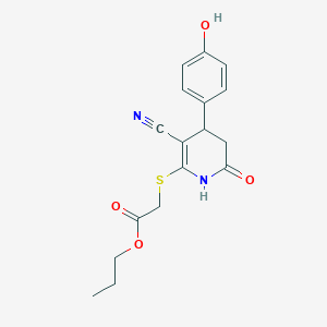 molecular formula C17H18N2O4S B11692897 Propyl {[3-cyano-6-hydroxy-4-(4-hydroxyphenyl)-4,5-dihydropyridin-2-yl]sulfanyl}acetate 