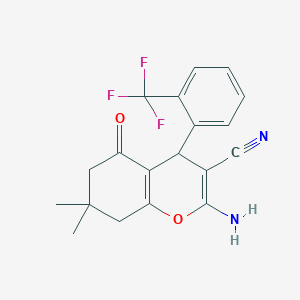 molecular formula C19H17F3N2O2 B11693236 2-amino-7,7-dimethyl-5-oxo-4-[2-(trifluoromethyl)phenyl]-5,6,7,8-tetrahydro-4H-chromene-3-carbonitrile 