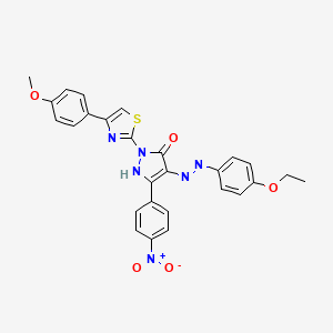 molecular formula C27H22N6O5S B11693390 (4Z)-4-[2-(4-ethoxyphenyl)hydrazinylidene]-2-[4-(4-methoxyphenyl)-1,3-thiazol-2-yl]-5-(4-nitrophenyl)-2,4-dihydro-3H-pyrazol-3-one 