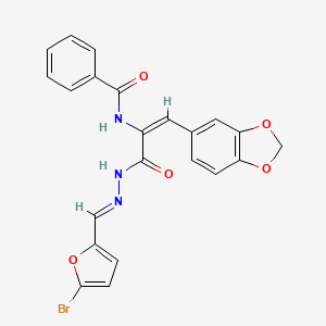 molecular formula C22H16BrN3O5 B11693404 N-[(1E)-1-(1,3-benzodioxol-5-yl)-3-{(2E)-2-[(5-bromofuran-2-yl)methylidene]hydrazinyl}-3-oxoprop-1-en-2-yl]benzamide 