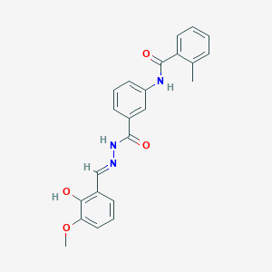 molecular formula C23H21N3O4 B11693526 N-(3-{[(2E)-2-(2-hydroxy-3-methoxybenzylidene)hydrazinyl]carbonyl}phenyl)-2-methylbenzamide 