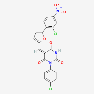 (5E)-5-{[5-(2-chloro-4-nitrophenyl)furan-2-yl]methylidene}-1-(4-chlorophenyl)pyrimidine-2,4,6(1H,3H,5H)-trione