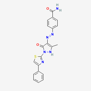 molecular formula C20H16N6O2S B11693755 4-{(2Z)-2-[3-methyl-5-oxo-1-(4-phenyl-1,3-thiazol-2-yl)-1,5-dihydro-4H-pyrazol-4-ylidene]hydrazinyl}benzamide 