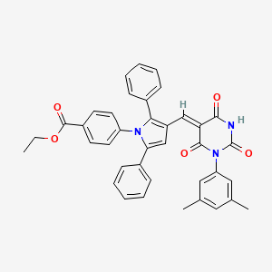 molecular formula C38H31N3O5 B11693770 ethyl 4-(3-{(Z)-[1-(3,5-dimethylphenyl)-2,4,6-trioxotetrahydropyrimidin-5(2H)-ylidene]methyl}-2,5-diphenyl-1H-pyrrol-1-yl)benzoate 