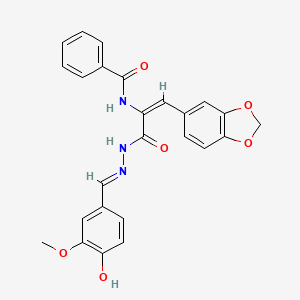 molecular formula C25H21N3O6 B11693904 N-((E)-2-(1,3-benzodioxol-5-yl)-1-{[(2E)-2-(4-hydroxy-3-methoxybenzylidene)hydrazino]carbonyl}vinyl)benzamide 