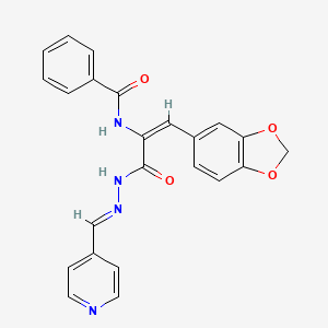 molecular formula C23H18N4O4 B11694038 N-{(1E)-1-(1,3-benzodioxol-5-yl)-3-oxo-3-[(2E)-2-(pyridin-4-ylmethylidene)hydrazinyl]prop-1-en-2-yl}benzamide 