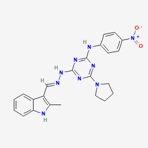 molecular formula C23H23N9O2 B11694064 4-{(2E)-2-[(2-methyl-1H-indol-3-yl)methylidene]hydrazinyl}-N-(4-nitrophenyl)-6-(pyrrolidin-1-yl)-1,3,5-triazin-2-amine 