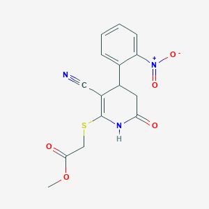 molecular formula C15H13N3O5S B11694097 Methyl {[3-cyano-4-(2-nitrophenyl)-6-oxo-1,4,5,6-tetrahydropyridin-2-yl]sulfanyl}acetate 